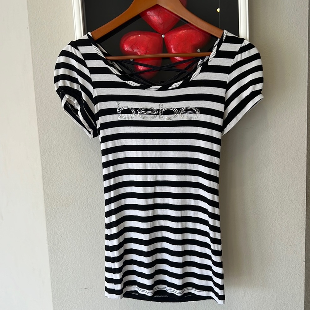 Bebe black & white stripe, lace up detail in the back shirt, t-shirt, tank top.